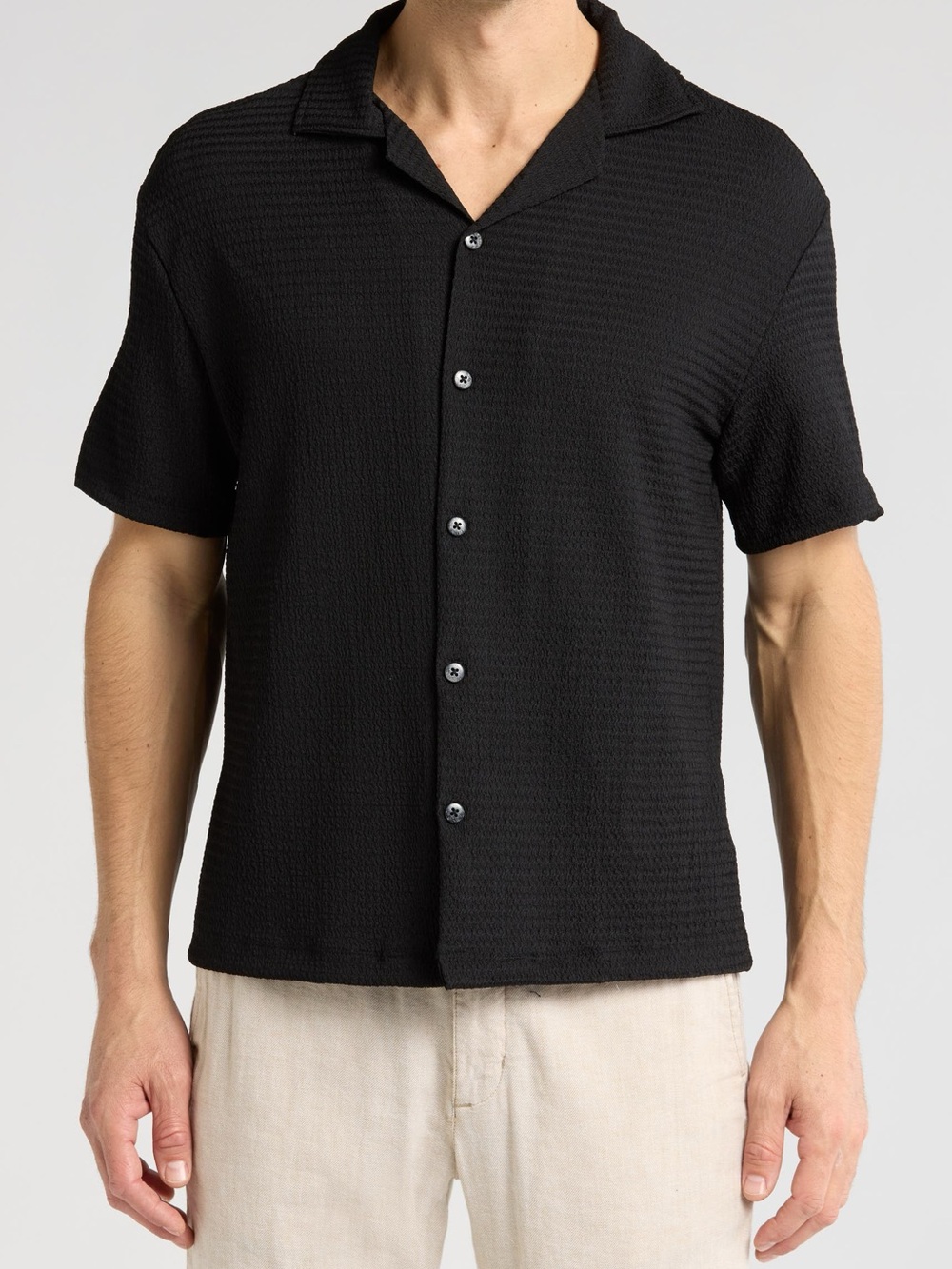 Men's Black Short-Sleeve Button-Down Camp Shirt